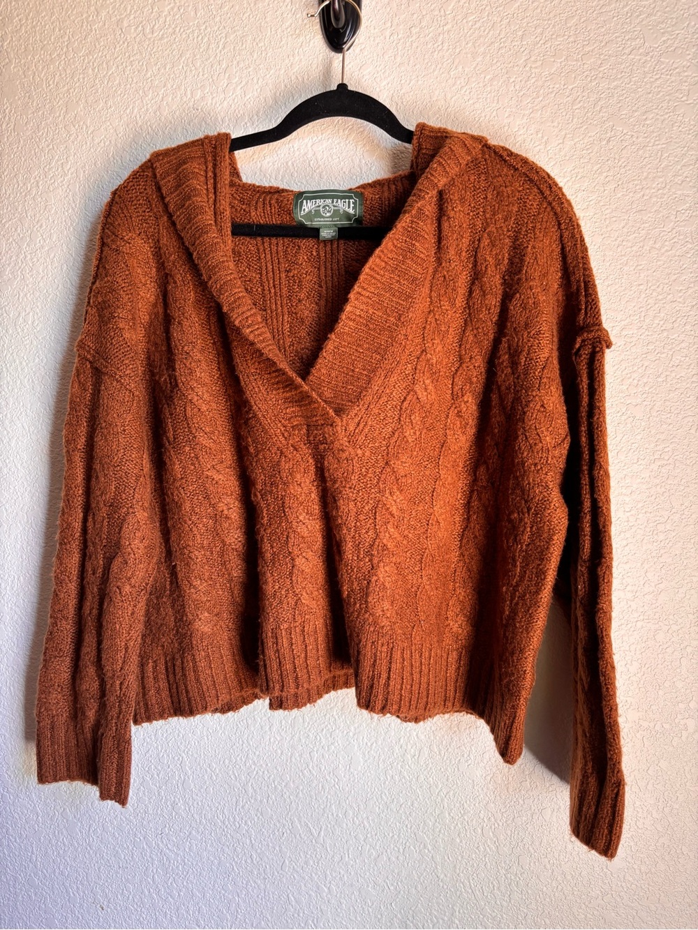 American Eagle Outfitters Burnt Orange Rust Cable V-Neck Sweater Medium